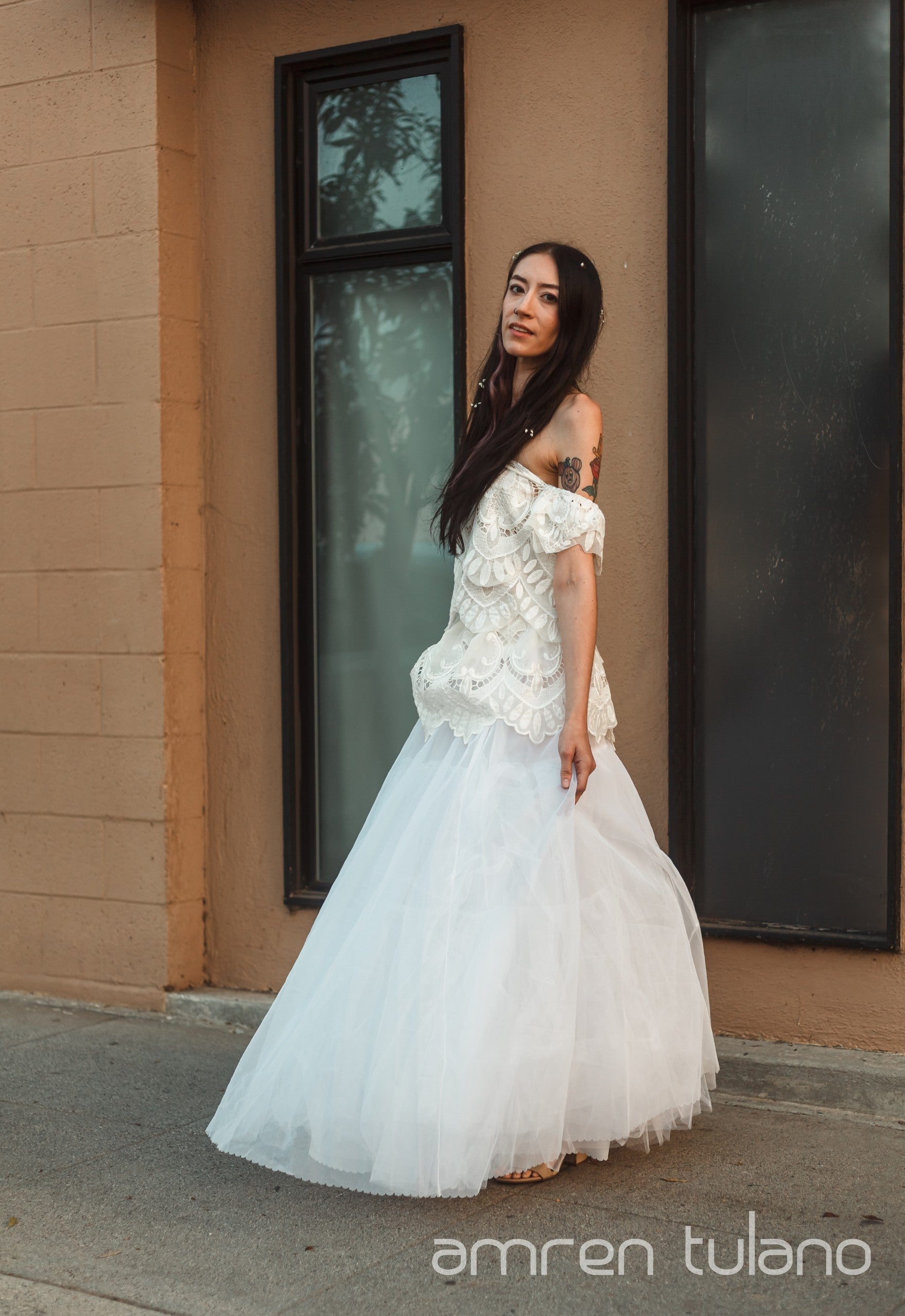 Zero-Waste Two-Piece Gown — Handmade Vintage Lace & Tulle Dress from Repurposed Tablecloths & Wedding Gown Fabrics