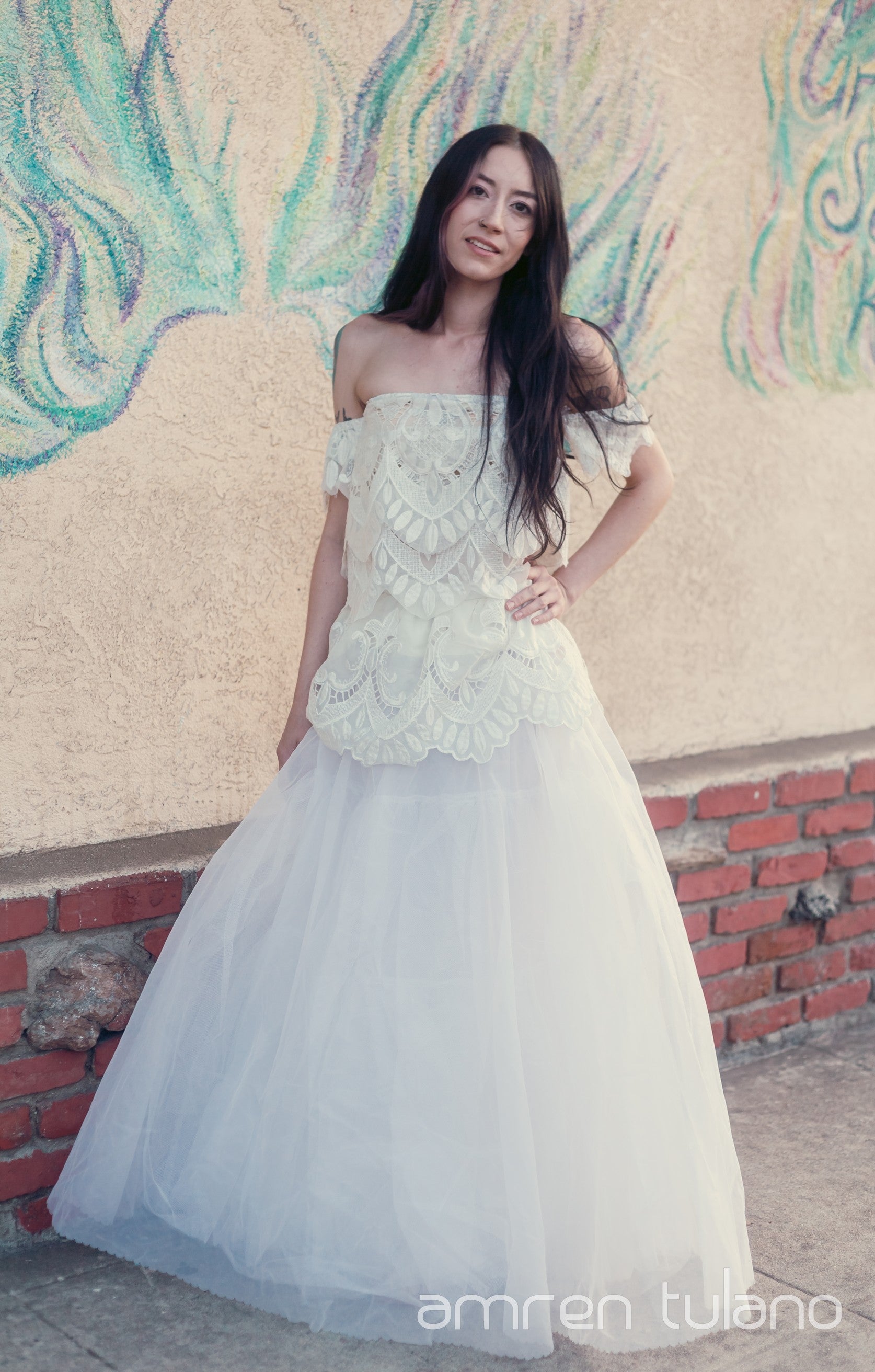 Zero-Waste Two-Piece Gown — Handmade Vintage Lace & Tulle Dress from Repurposed Tablecloths & Wedding Gown Fabrics