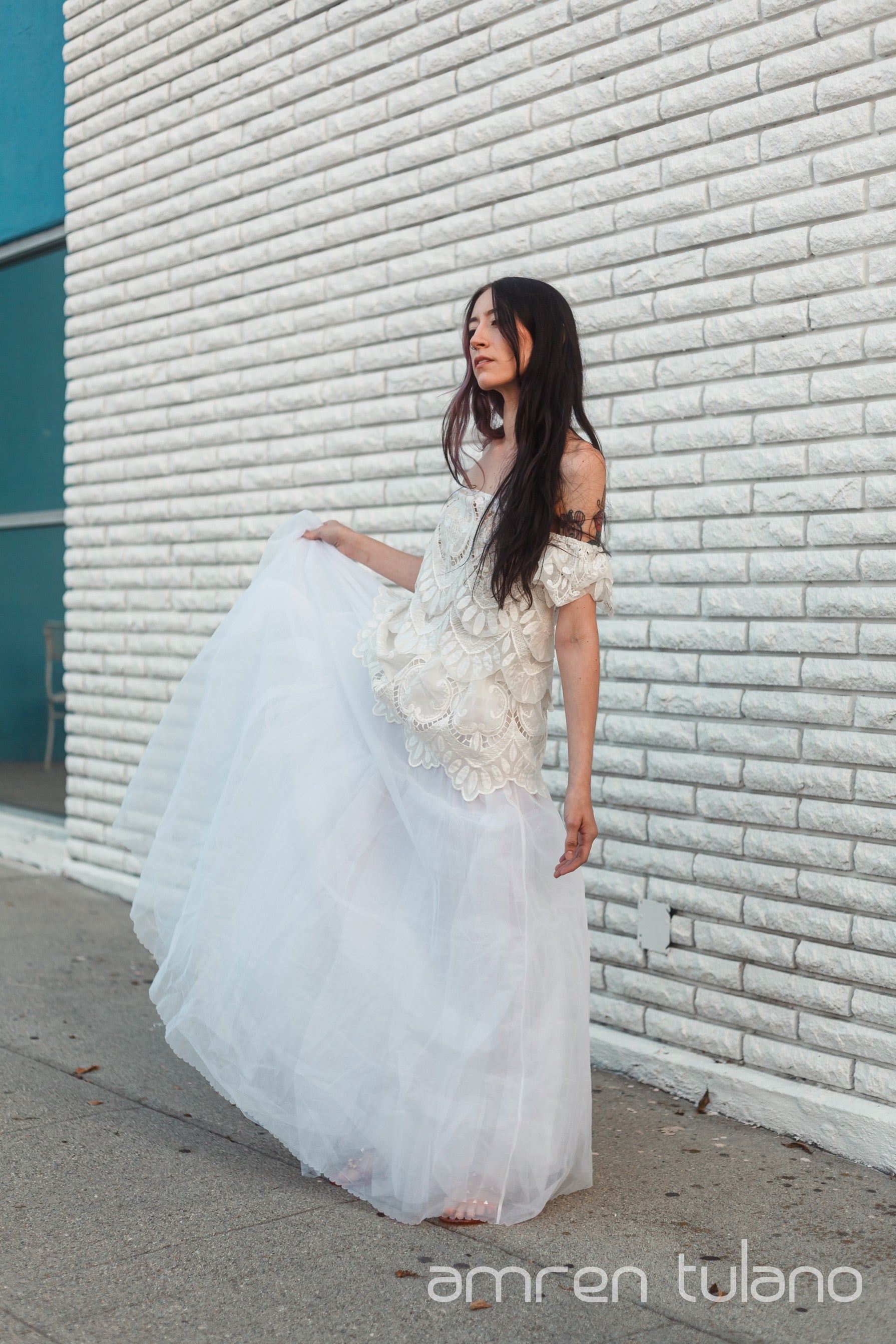 Zero-Waste Two-Piece Gown — Handmade Vintage Lace & Tulle Dress from Repurposed Tablecloths & Wedding Gown Fabrics