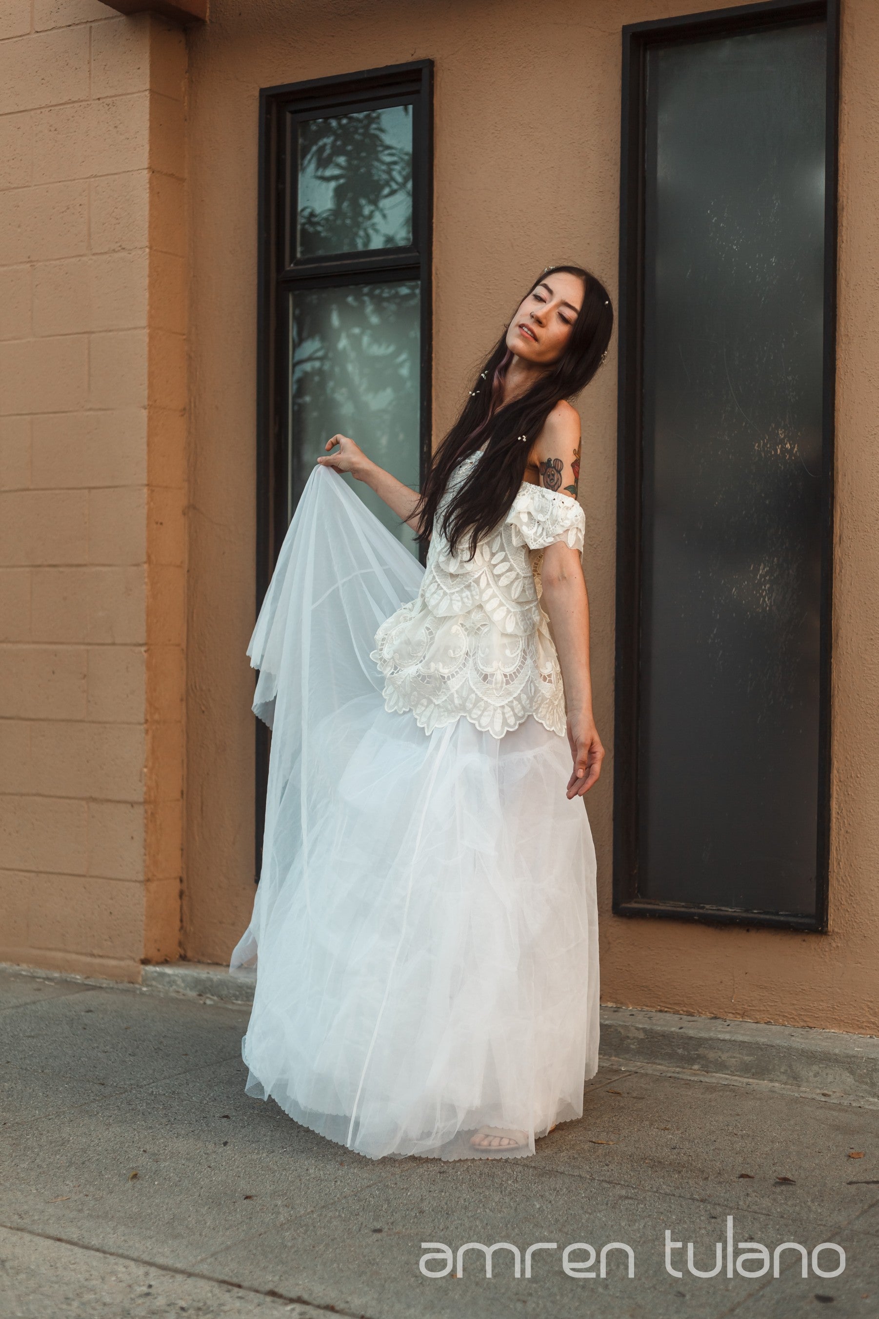Zero-Waste Two-Piece Gown — Handmade Vintage Lace & Tulle Dress from Repurposed Tablecloths & Wedding Gown Fabrics
