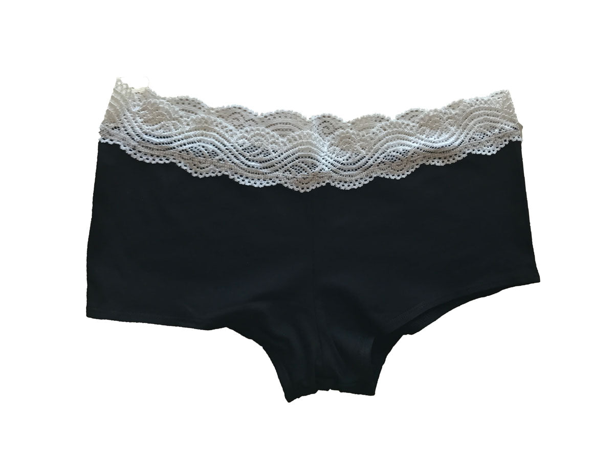 Black Organic Cotton Boy Shorts with White Lace